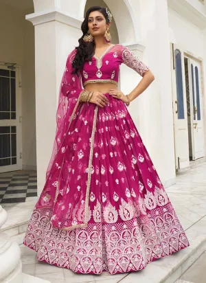 Rani Pink Thread Embroidery Wedding Lehenga Choli And Dupatta