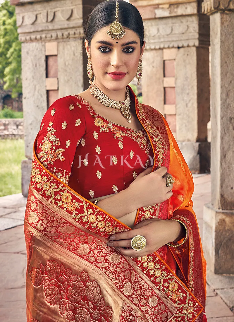 Red And Orange Designer Wedding Saree