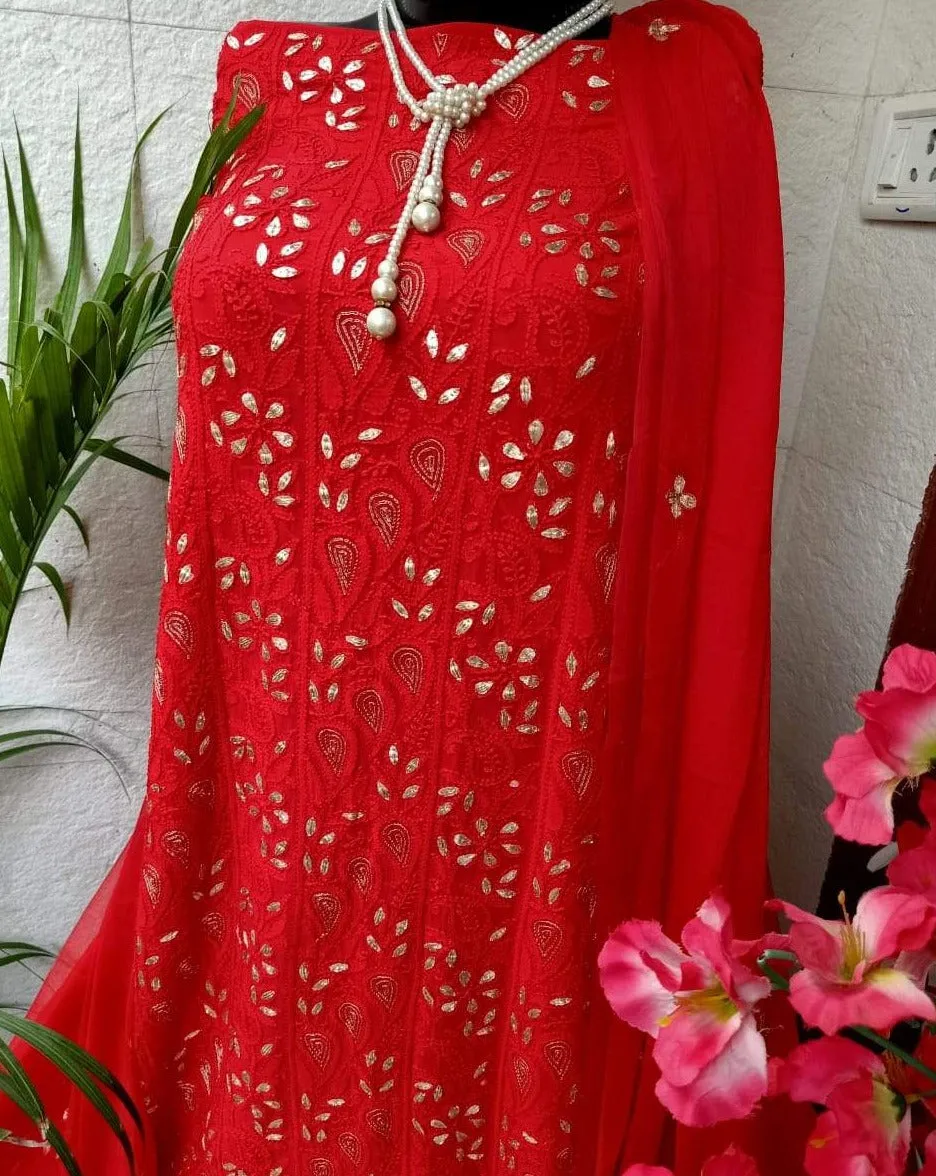 Red Heavy Lucknowi Chikankari Gota Unstitched Salwar Suit