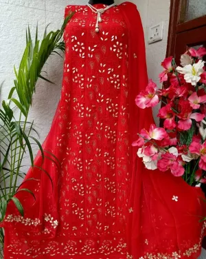 Red Heavy Lucknowi Chikankari Gota Unstitched Salwar Suit