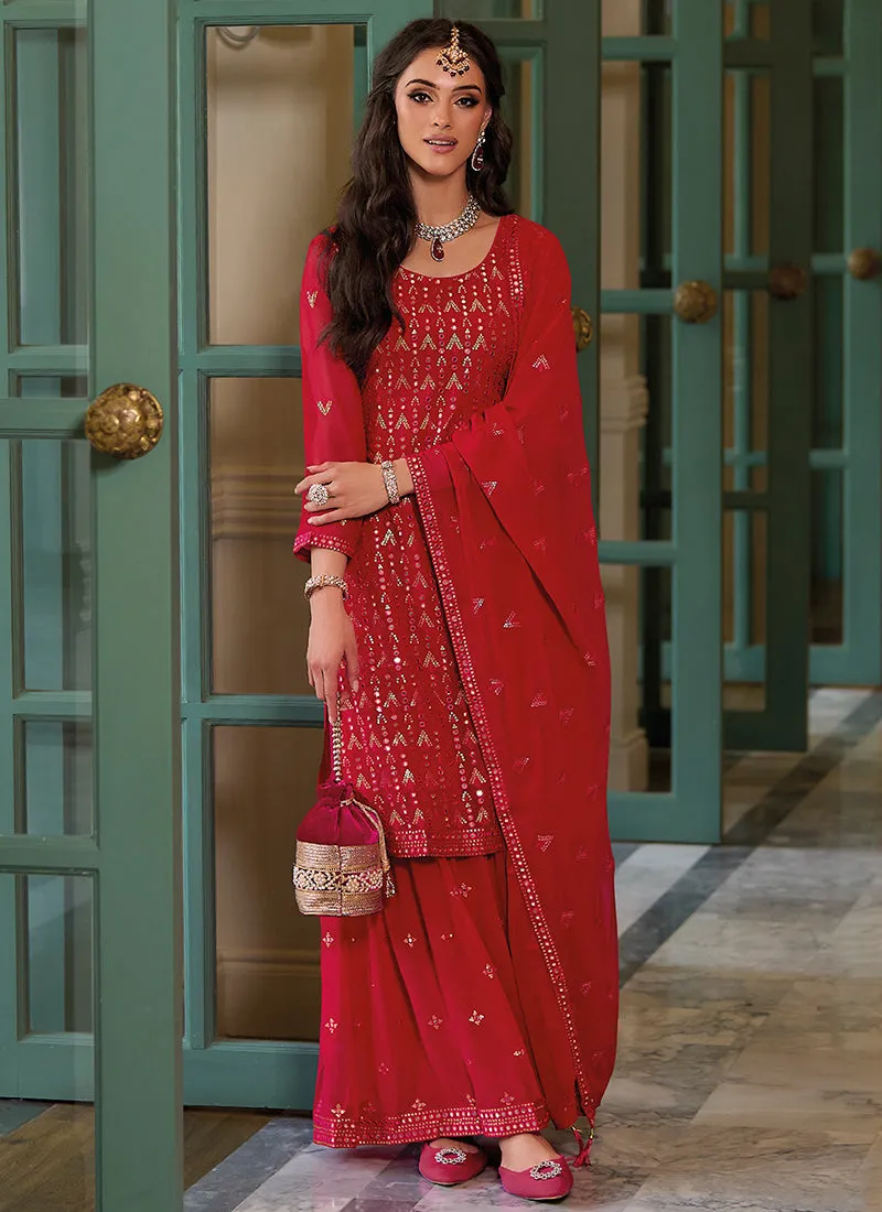 Red Mirror Work Embroidered Festive Sharara Style Suit