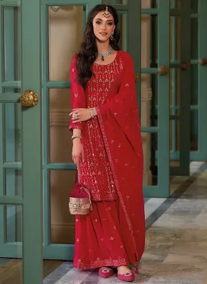 Red Mirror Work Embroidered Festive Sharara Style Suit