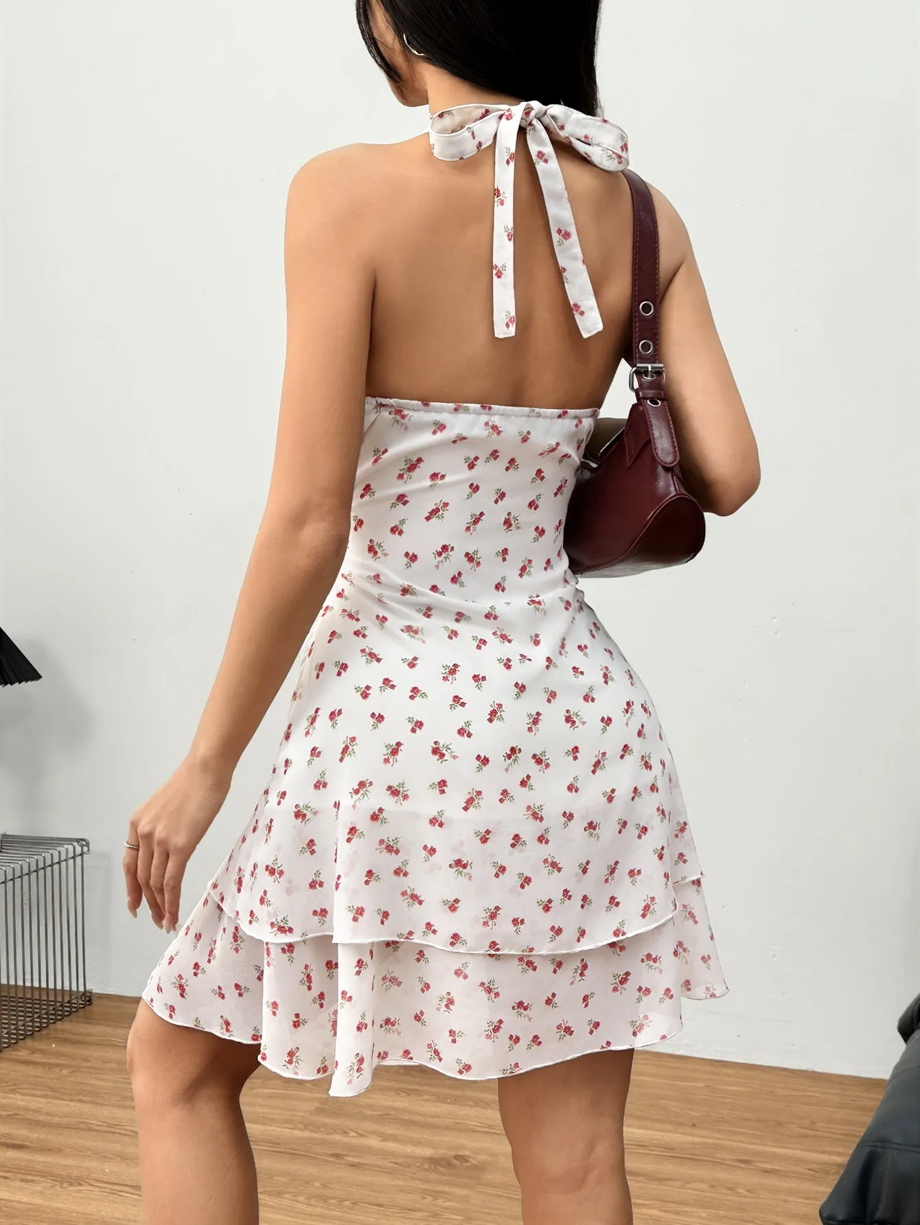 Romantic Floral Halter Neck Tiered Mini Dress with Flowy Silhouette