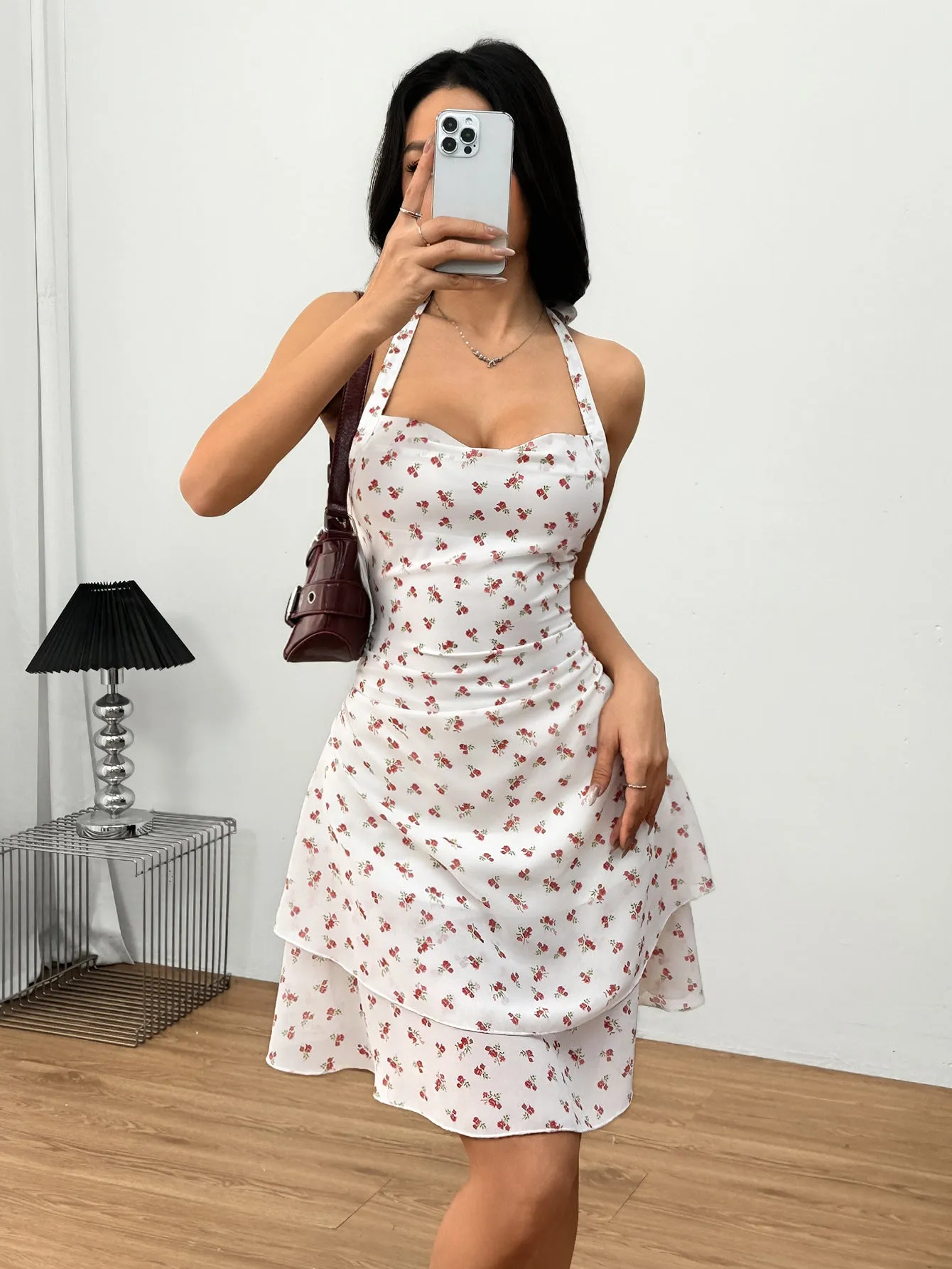 Romantic Floral Halter Neck Tiered Mini Dress with Flowy Silhouette