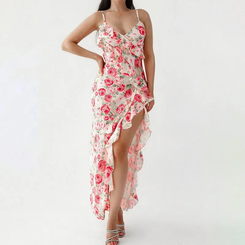 Romantic Floral Print Ruffle High-Slit Maxi Dress with Elegant Silhouette