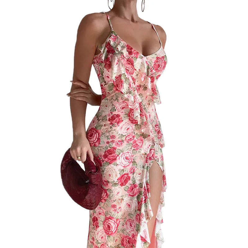 Romantic Floral Print Ruffle High-Slit Maxi Dress with Elegant Silhouette