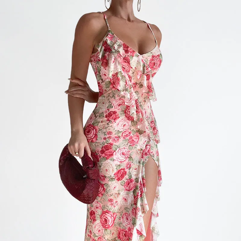 Romantic Floral Print Ruffle High-Slit Maxi Dress with Elegant Silhouette