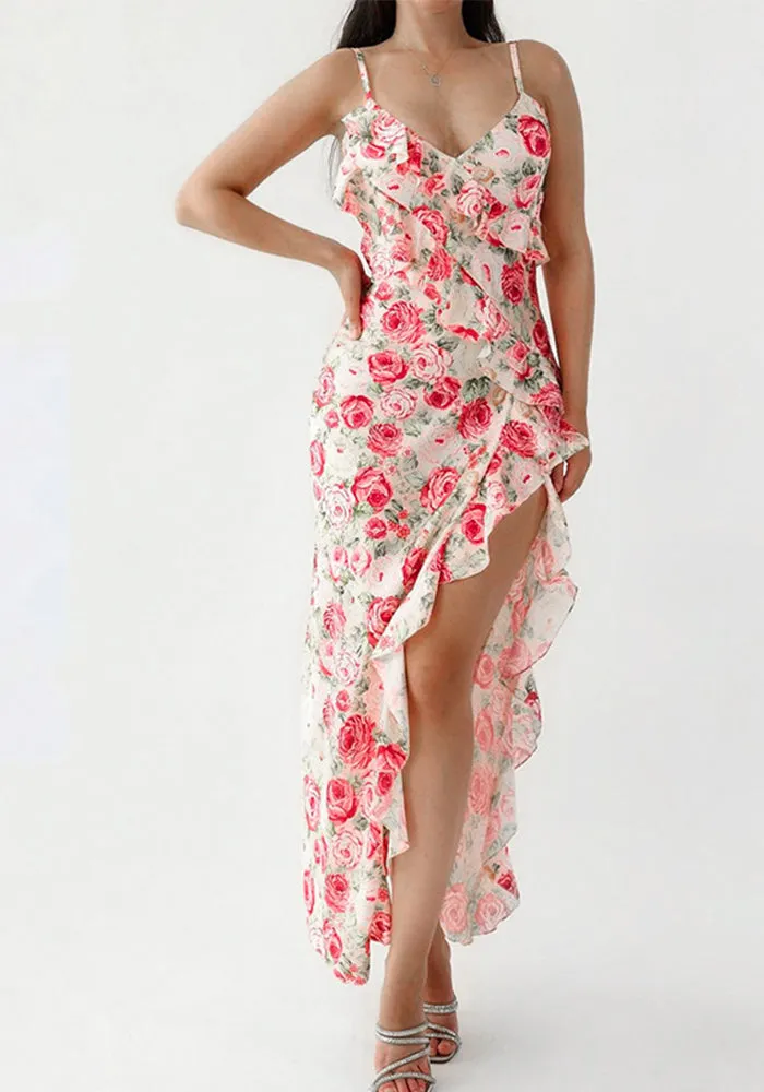 Romantic Floral Print Ruffle High-Slit Maxi Dress with Elegant Silhouette