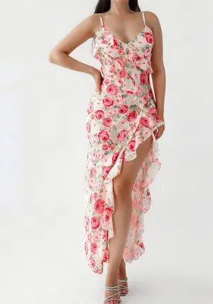 Romantic Floral Print Ruffle High-Slit Maxi Dress with Elegant Silhouette