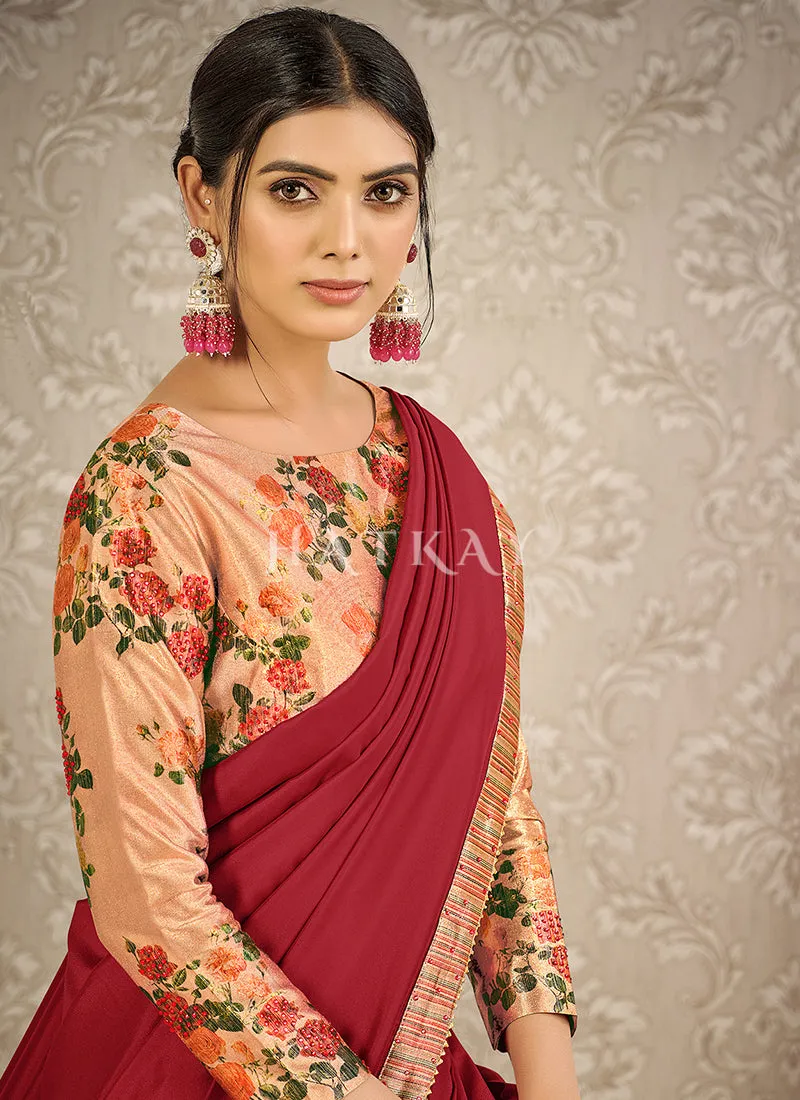 Rouge Red Floral Printed Satin Silk Saree