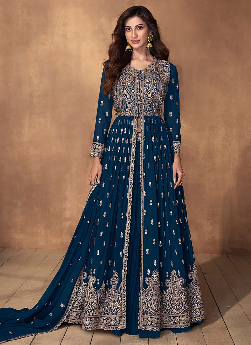 Royal Blue Embroidery Slit Style Traditional Anarkali Lehenga Suit