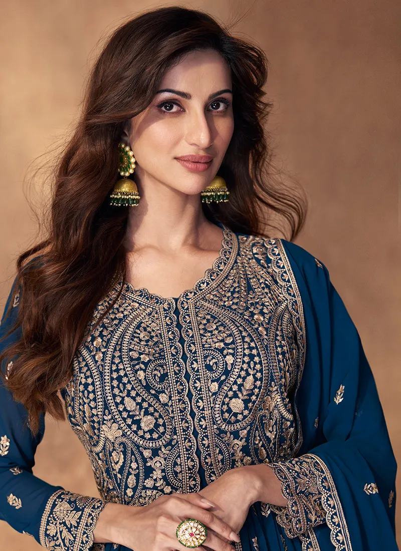 Royal Blue Embroidery Slit Style Traditional Anarkali Lehenga Suit