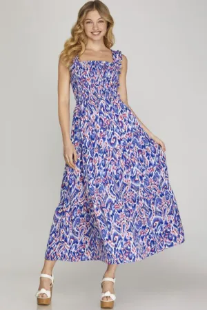 Royal Blue Printed Smocked Midi Dress