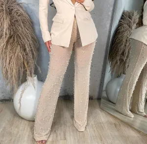 Ruckus High-Waist Sheer Pearl-Embellished Flare Pants