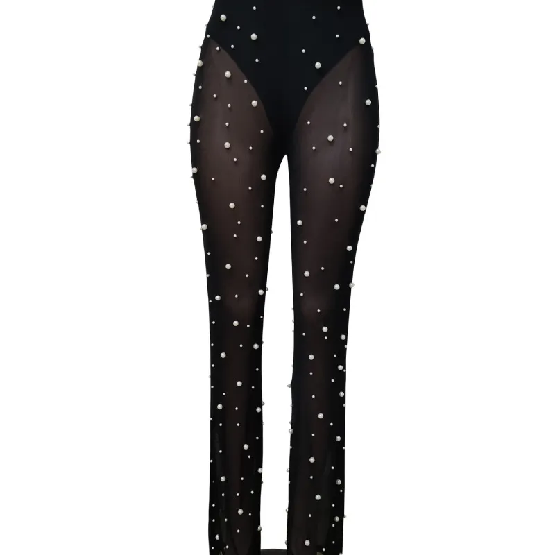 Ruckus High-Waist Sheer Pearl-Embellished Flare Pants