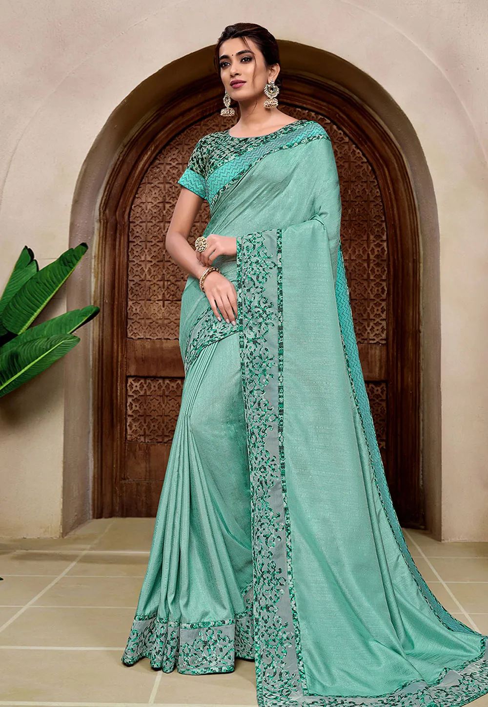 Sea Blue Two Tone Embroidered Silk Saree