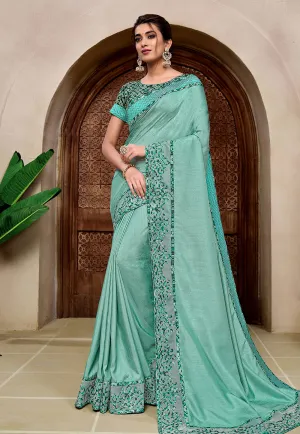 Sea Blue Two Tone Embroidered Silk Saree