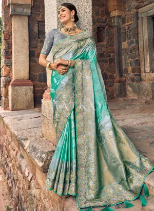 Sea Green And Grey Designer Wedding Saree