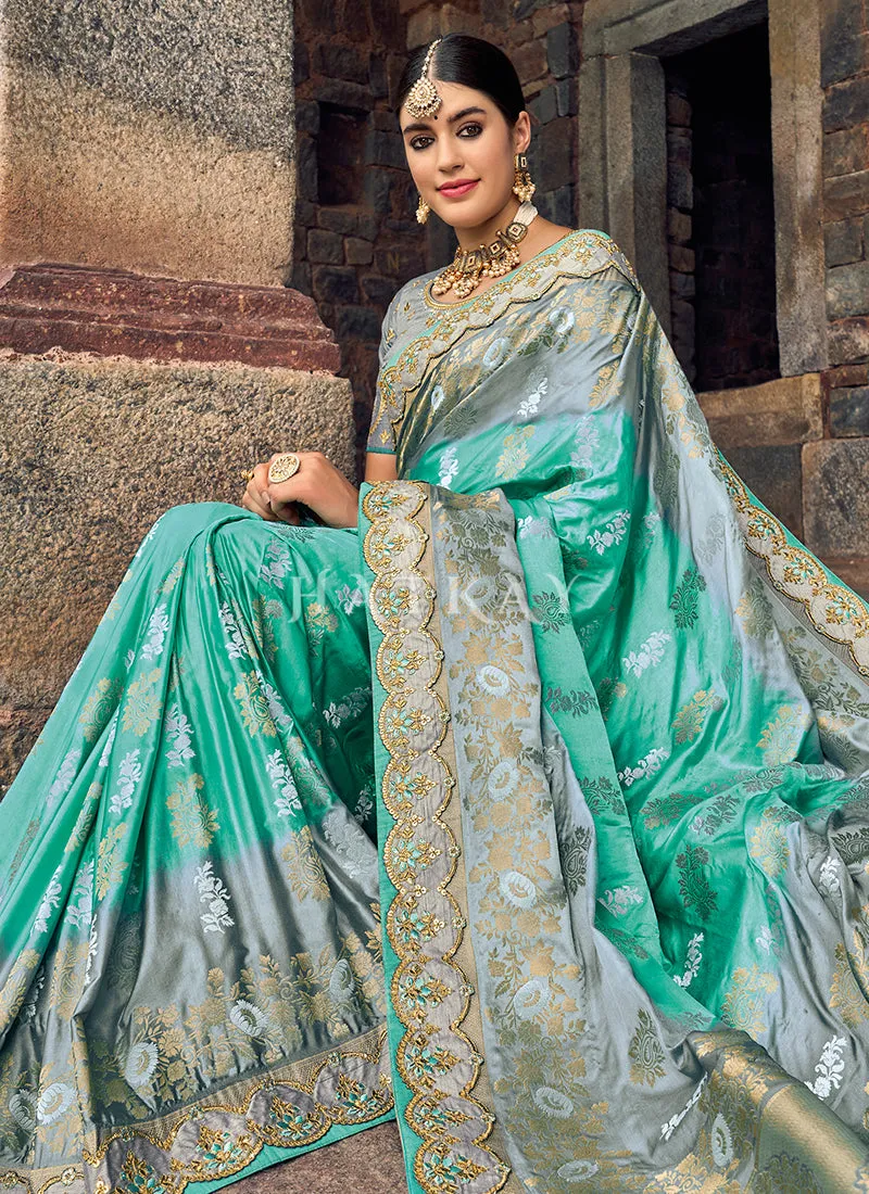 Sea Green And Grey Designer Wedding Saree