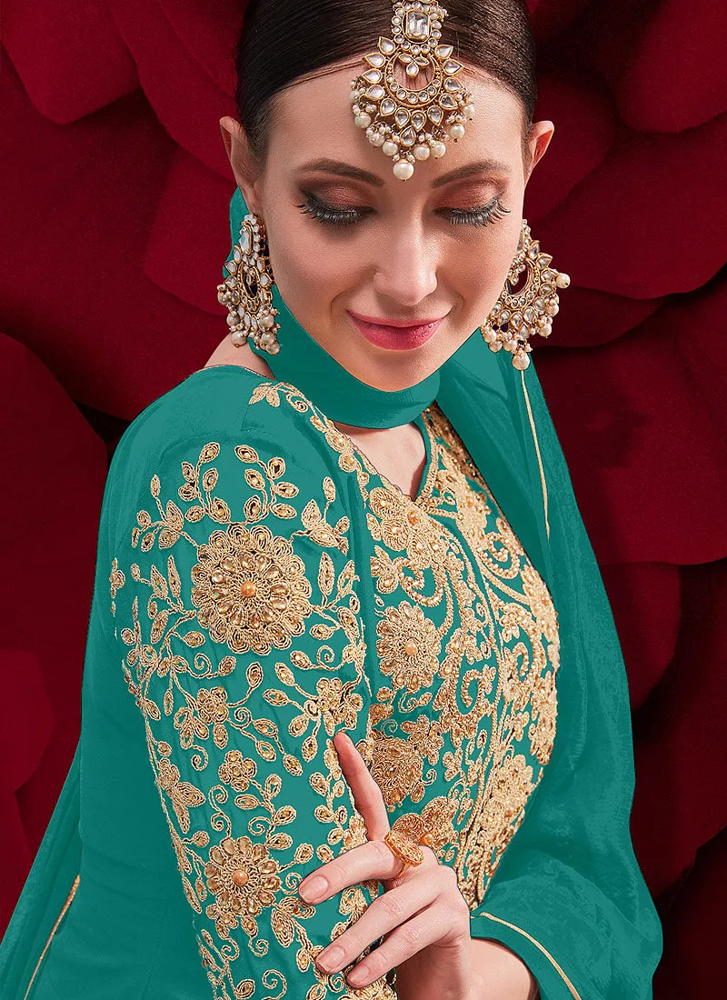 Sea Green Golden Embroidered Slit Style Anarkali Pant Suit
