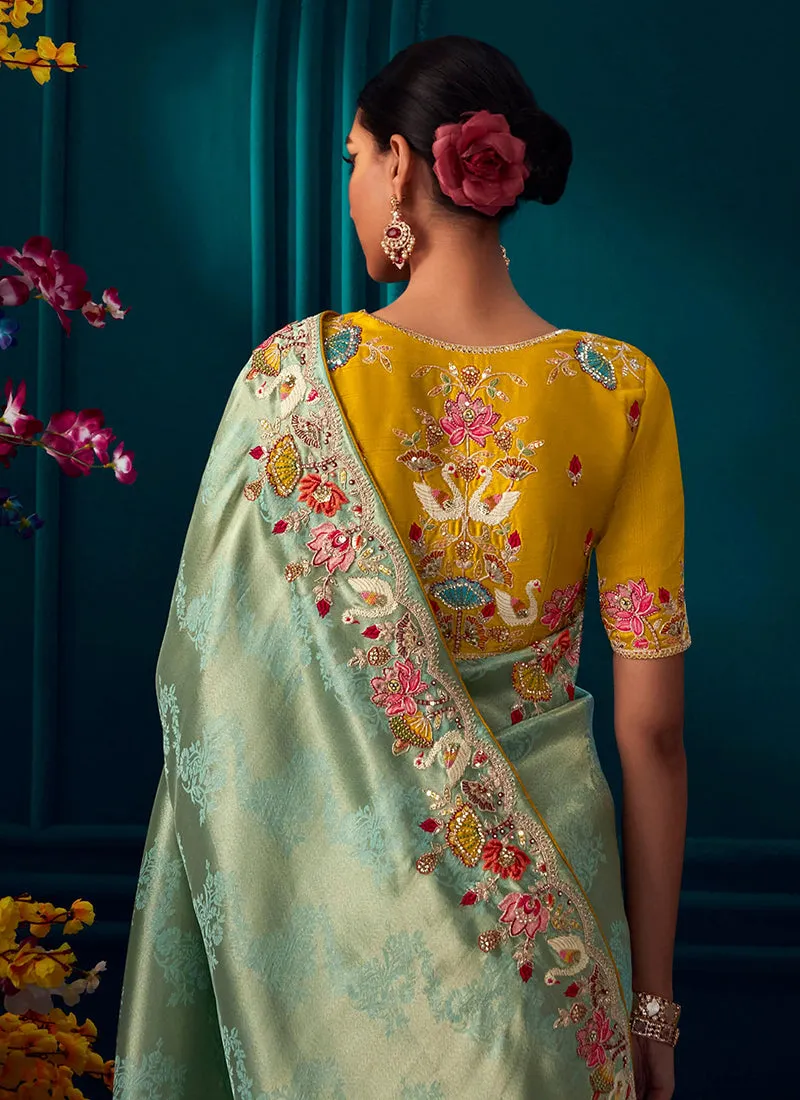 Sea Green Multi Embroidered Traditional Silk Saree