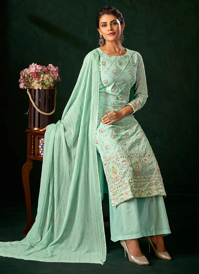 Sea Green Multi Embroidery Traditional Palazzo Suit