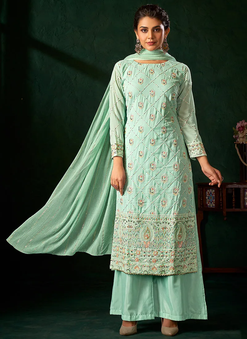 Sea Green Multi Embroidery Traditional Palazzo Suit