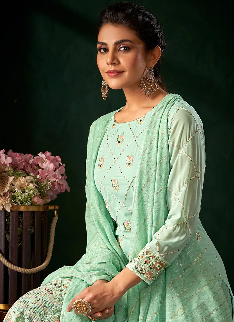Sea Green Multi Embroidery Traditional Palazzo Suit