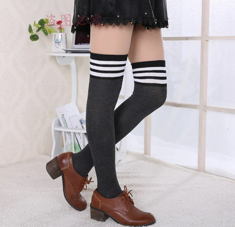 Sexy Black White Striped Long Socks Women Over Knee Thigh High Socks Over The Knee Stockings For Ladies Girls Warm Knee Socks