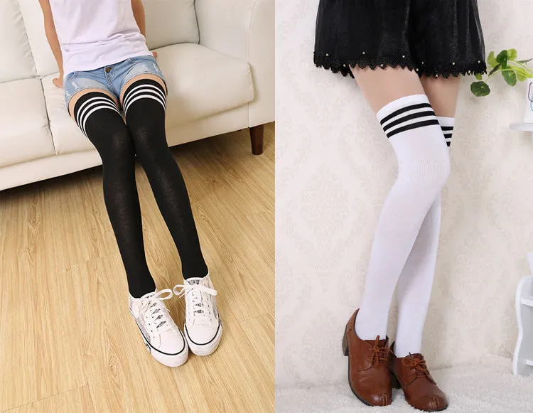Sexy Black White Striped Long Socks Women Over Knee Thigh High Socks Over The Knee Stockings For Ladies Girls Warm Knee Socks