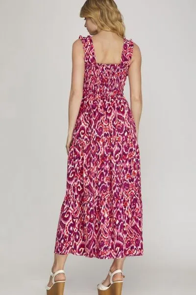 She   Sky Full Size Smocked Printed Wide Strap Tiered Dress Plus Size
