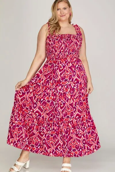 She   Sky Full Size Smocked Printed Wide Strap Tiered Dress Plus Size