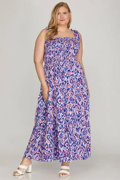 She   Sky Full Size Smocked Printed Wide Strap Tiered Dress Plus Size
