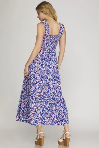 She   Sky Full Size Smocked Printed Wide Strap Tiered Dress Plus Size