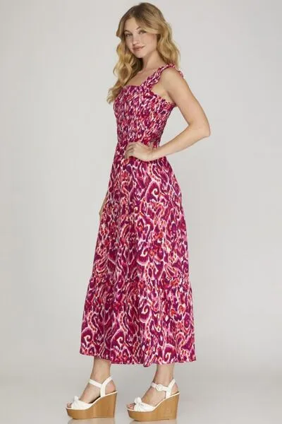 She   Sky Full Size Smocked Printed Wide Strap Tiered Dress Plus Size