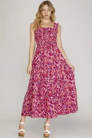 She   Sky Full Size Smocked Printed Wide Strap Tiered Dress Plus Size