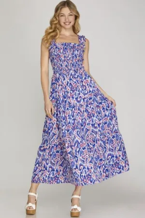She   Sky Full Size Smocked Printed Wide Strap Tiered Dress Plus Size