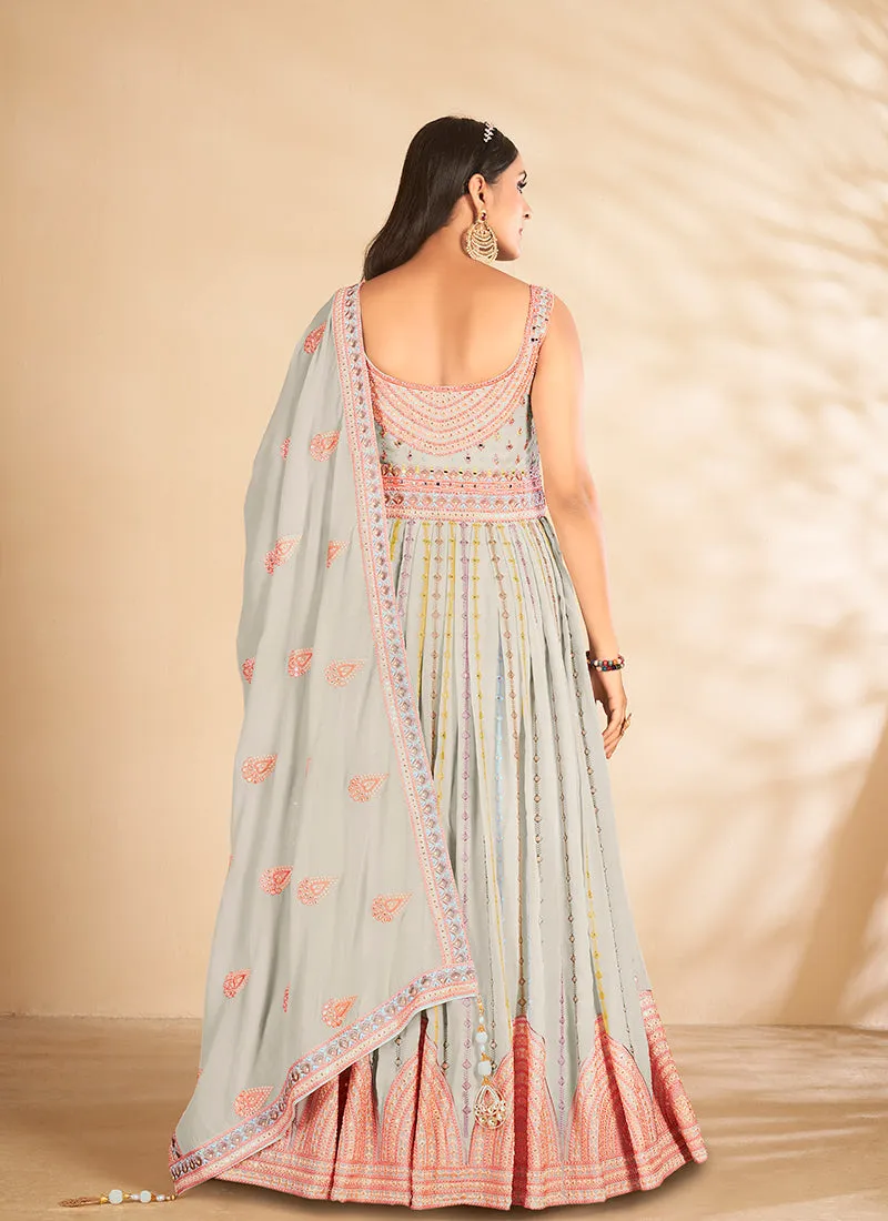 Sky Blue Mirror Embroidered Anarkali Gown