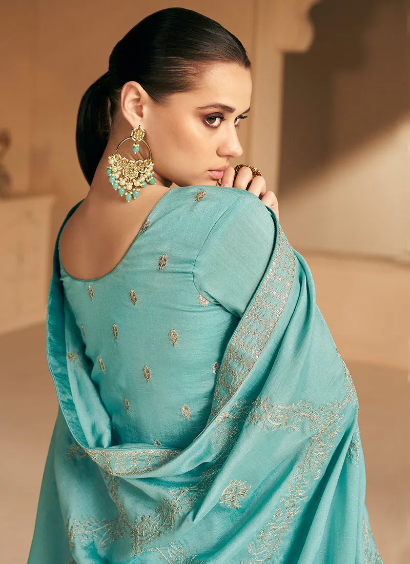 Sky Blue Silk Traditional Embroidery Wedding Anarkali Suit
