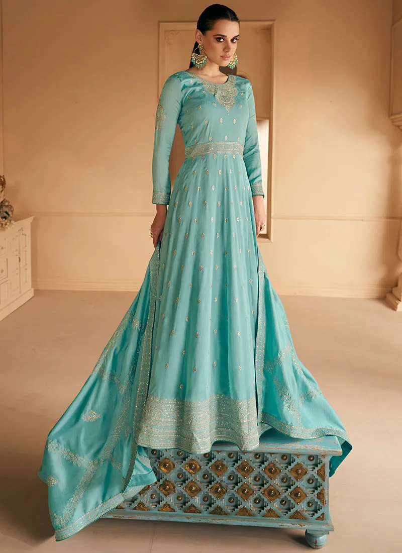 Sky Blue Silk Traditional Embroidery Wedding Anarkali Suit