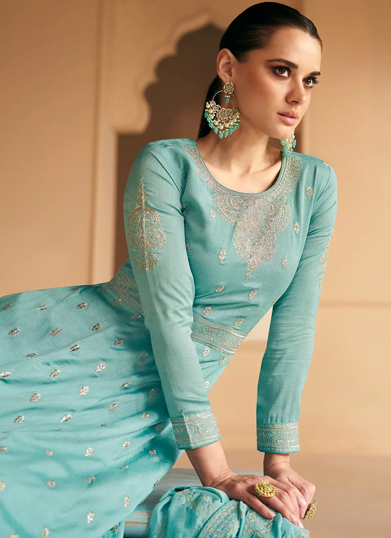 Sky Blue Silk Traditional Embroidery Wedding Anarkali Suit