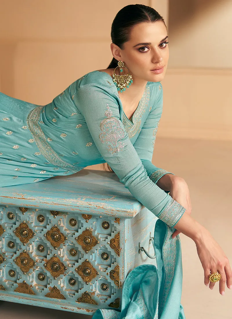 Sky Blue Silk Traditional Embroidery Wedding Anarkali Suit