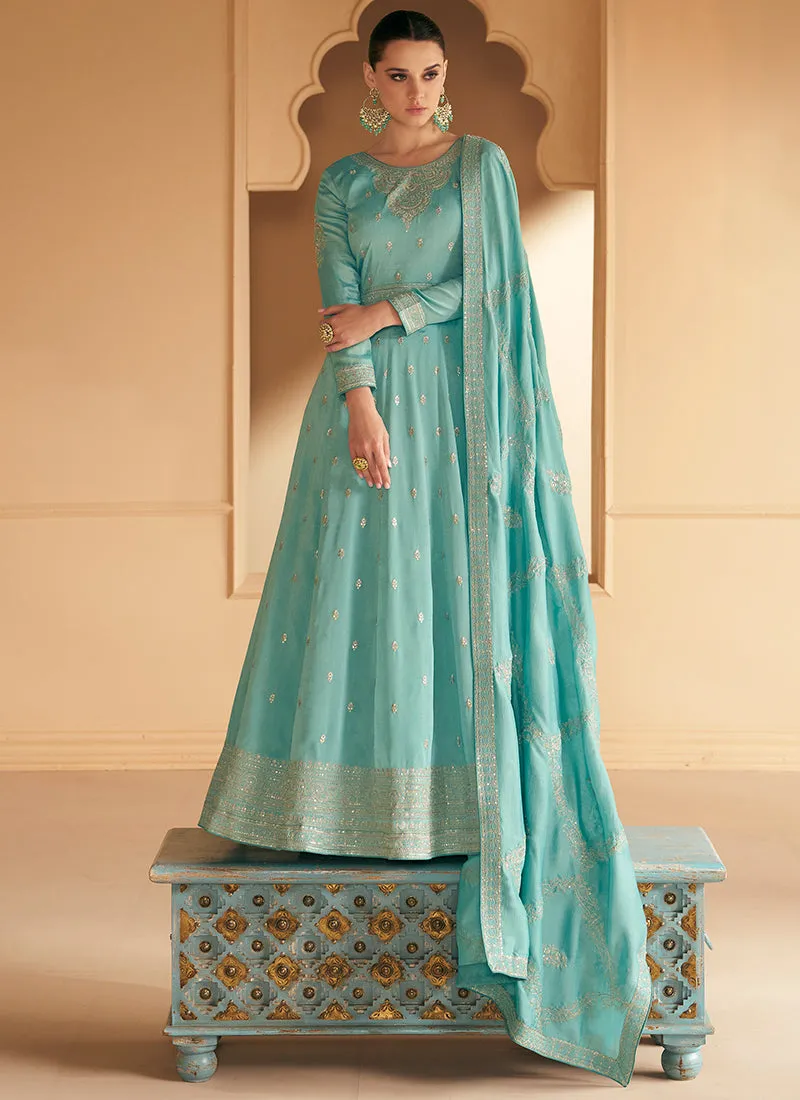 Sky Blue Silk Traditional Embroidery Wedding Anarkali Suit