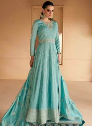 Sky Blue Silk Traditional Embroidery Wedding Anarkali Suit