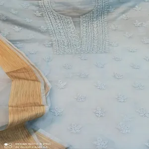 SkyBlue Organza Chikankari unstitched Salwar Kameez