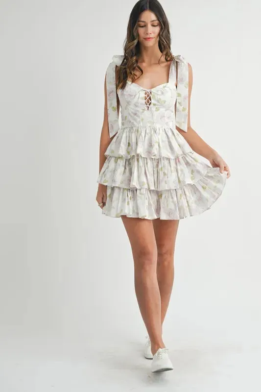 Skye Floral Print Shoulder Tie Layered Mini Dress