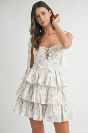 Skye Floral Print Shoulder Tie Layered Mini Dress