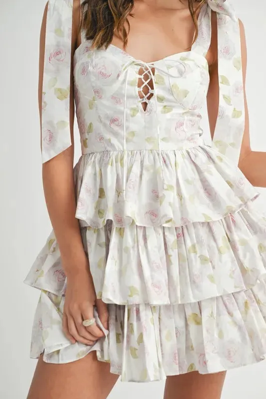 Skye Floral Print Shoulder Tie Layered Mini Dress