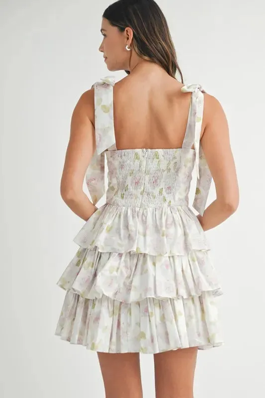 Skye Floral Print Shoulder Tie Layered Mini Dress