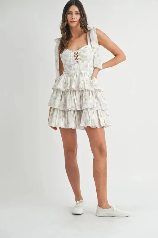 Skye Floral Print Shoulder Tie Layered Mini Dress